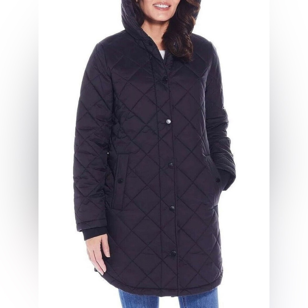 Weatherproof Women's Diamond Quilted Puffer Long Hooded Jacket Black  Size S